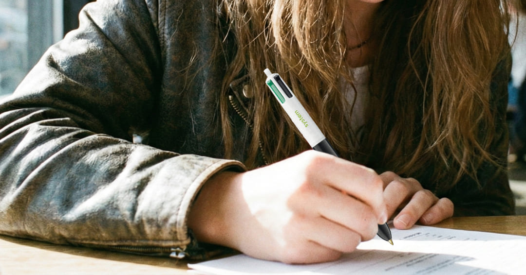 Etudiante qui écrit avec un stylo 4 couleurs